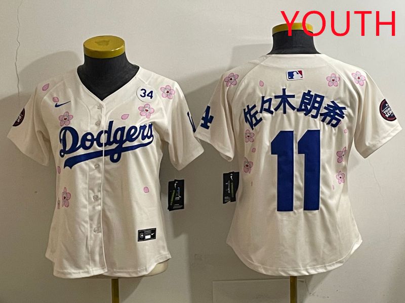 Youth Los Angeles Dodgers #11 R.Sasaki Cream Sakura Edition 2025 Nike MLB Jersey style 38->youth mlb jersey->Youth Jersey